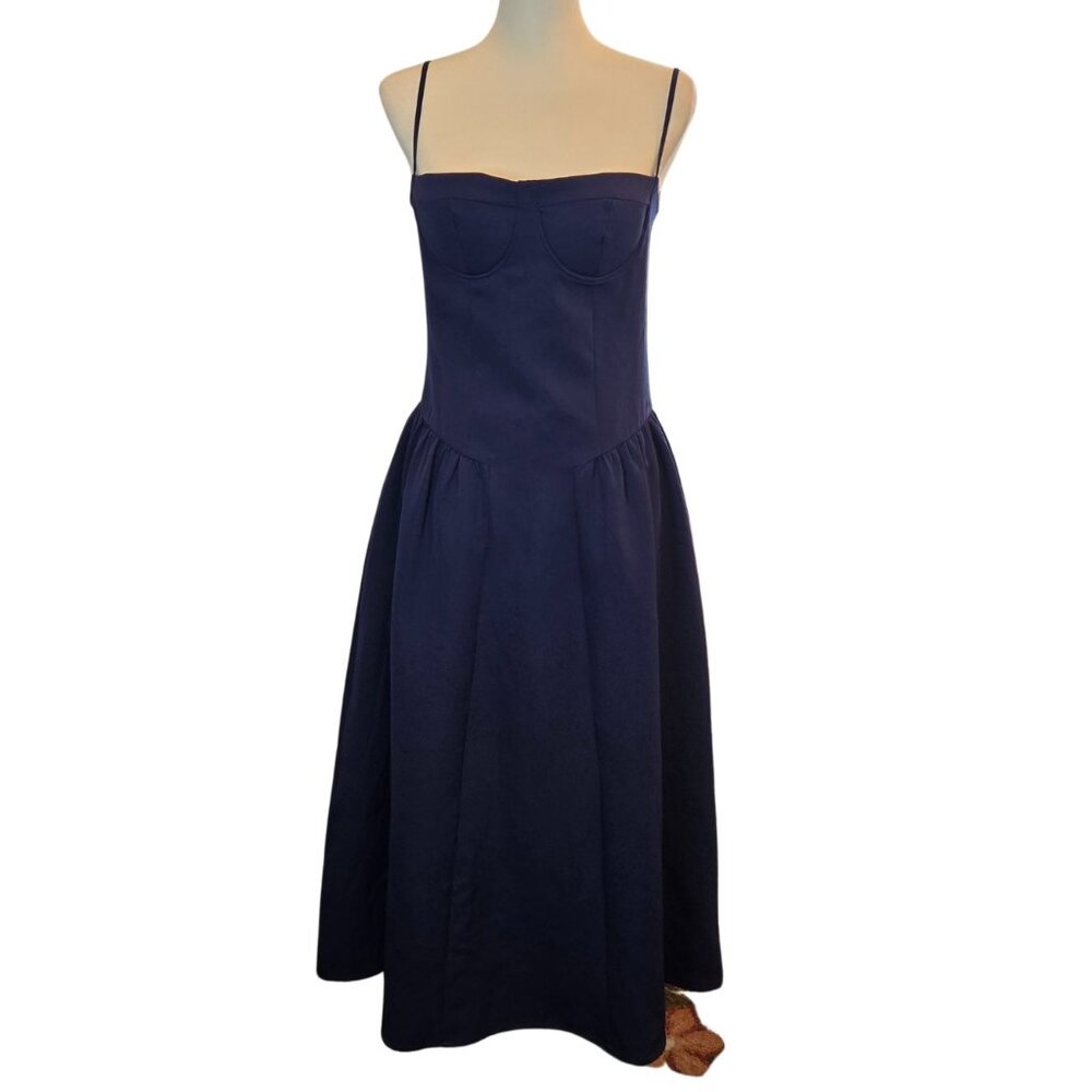 Women's Midi Dress W/ Voluminous Skirt, Adjustable Straps & Pockets  Sz: M Navy - Picture 3 of 16